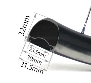 Sección transversal de la llanta ST32 Disc con medidas: 23.5mm de ancho interno, 30mm ancho externo y 31.5mm en su punto más ancho