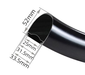 Sección transversal de la llanta ST52 Disc con medidas: 52mm de altura, 25mm de ancho interno, 31.5mm ancho externo de la base y 33.5mm ancho total